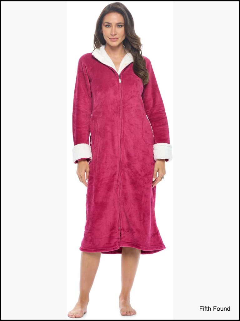 Fleece Zip Front Robe With Pockets, Long Sleeve Housecoat For Lounging